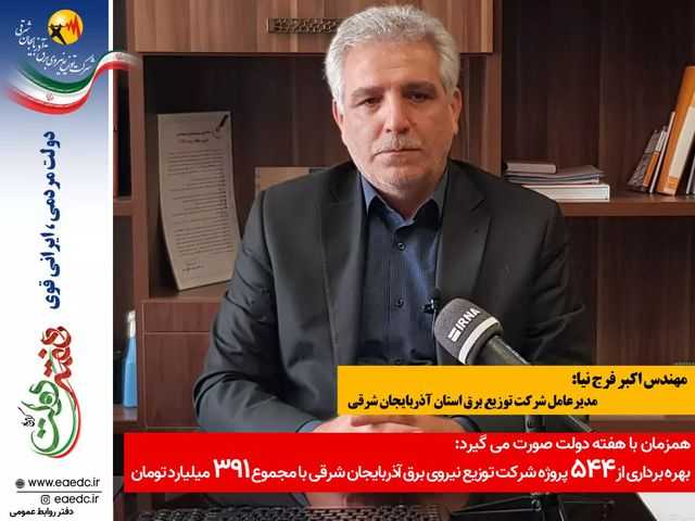 همزمان با هفته دولت صورت می گیرد:بهره برداری از ۵۴۴ پروژه شرکت توزیع نیروی برق آذربایجان شرقی با مجموع ۳۹۱ میلیارد تومان هزینه